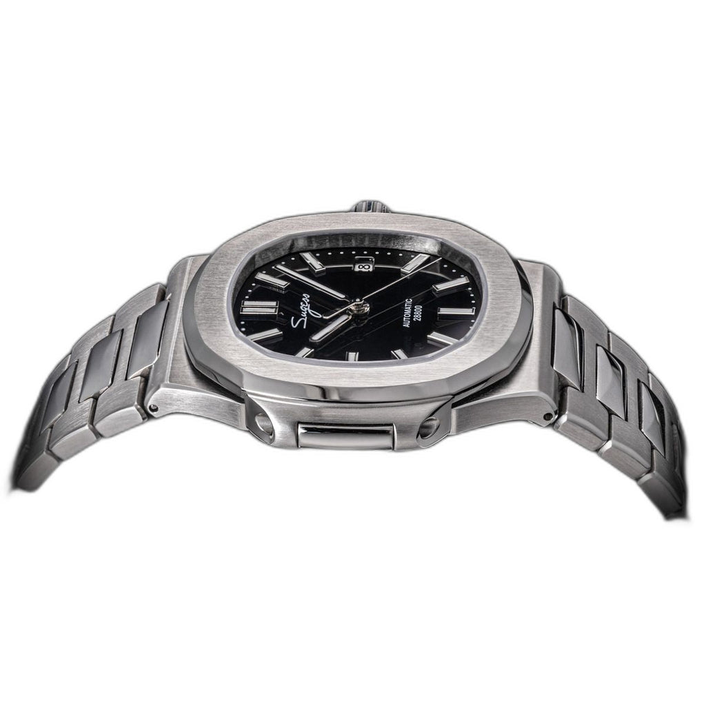 Sugess S466 black dial sport watch, steel bracelet, low side angle showing the case flank, on black