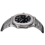 Sugess S466 black dial sport watch, steel bracelet, low side angle showing the case flank, on black
