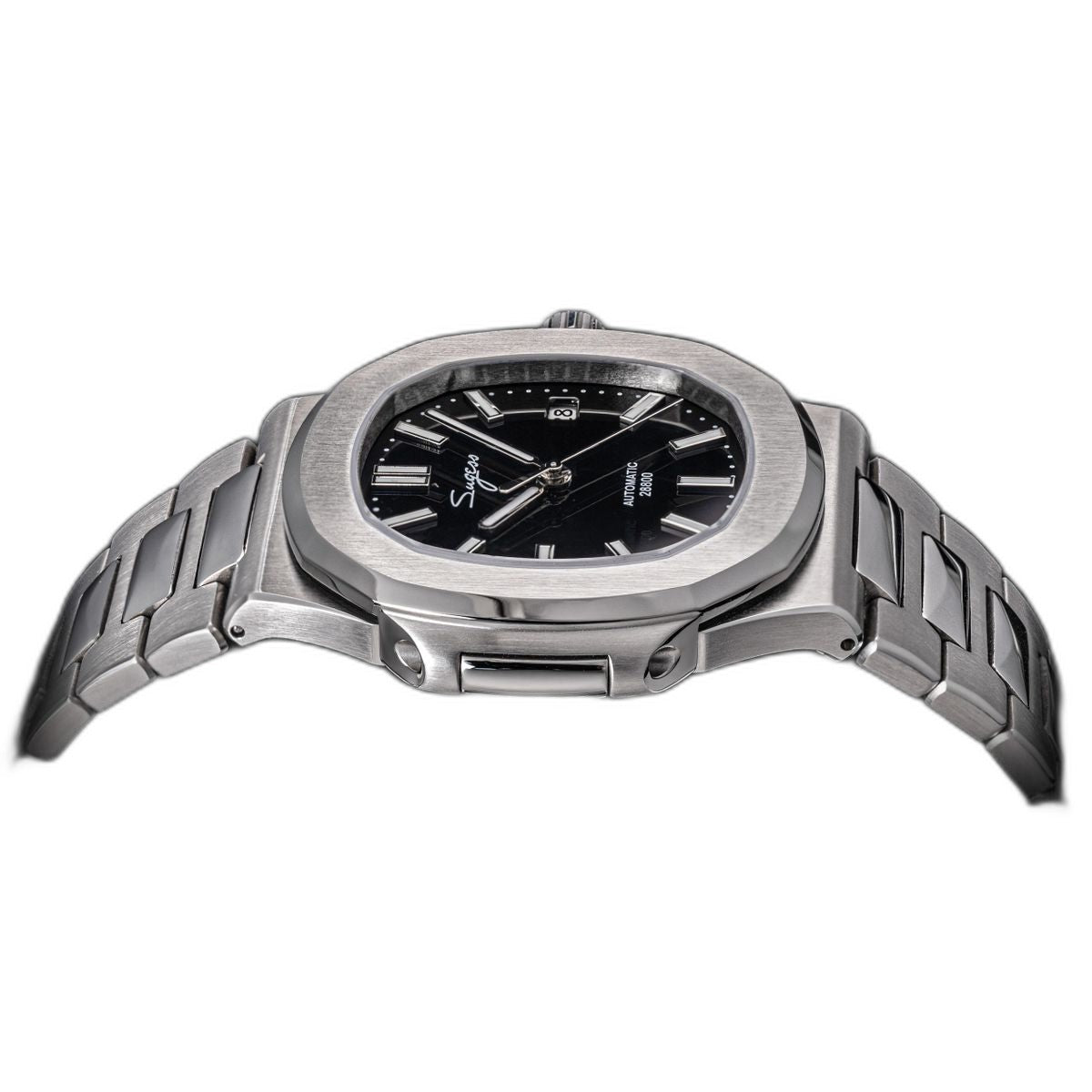 Sugess S466 black dial sport watch, steel bracelet, low side angle showing the case flank, on black