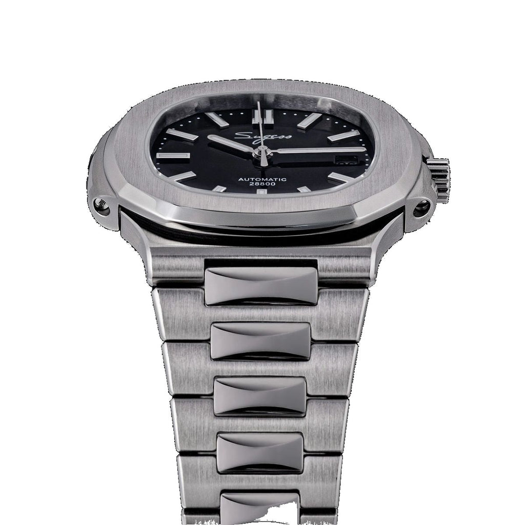 Sugess S466 black dial sport watch side profile, octagonal bezel and crown, steel bracelet, on black