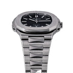 Sugess S466 black dial sport watch side profile, octagonal bezel and crown, steel bracelet, on black