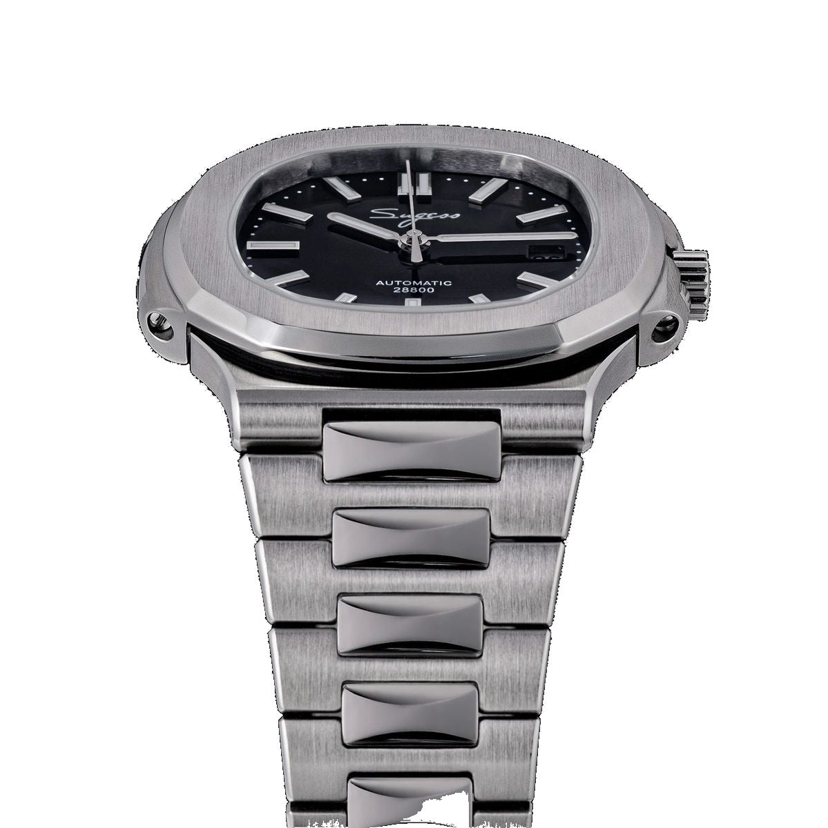 Sugess S466 black dial sport watch side profile, octagonal bezel and crown, steel bracelet, on black