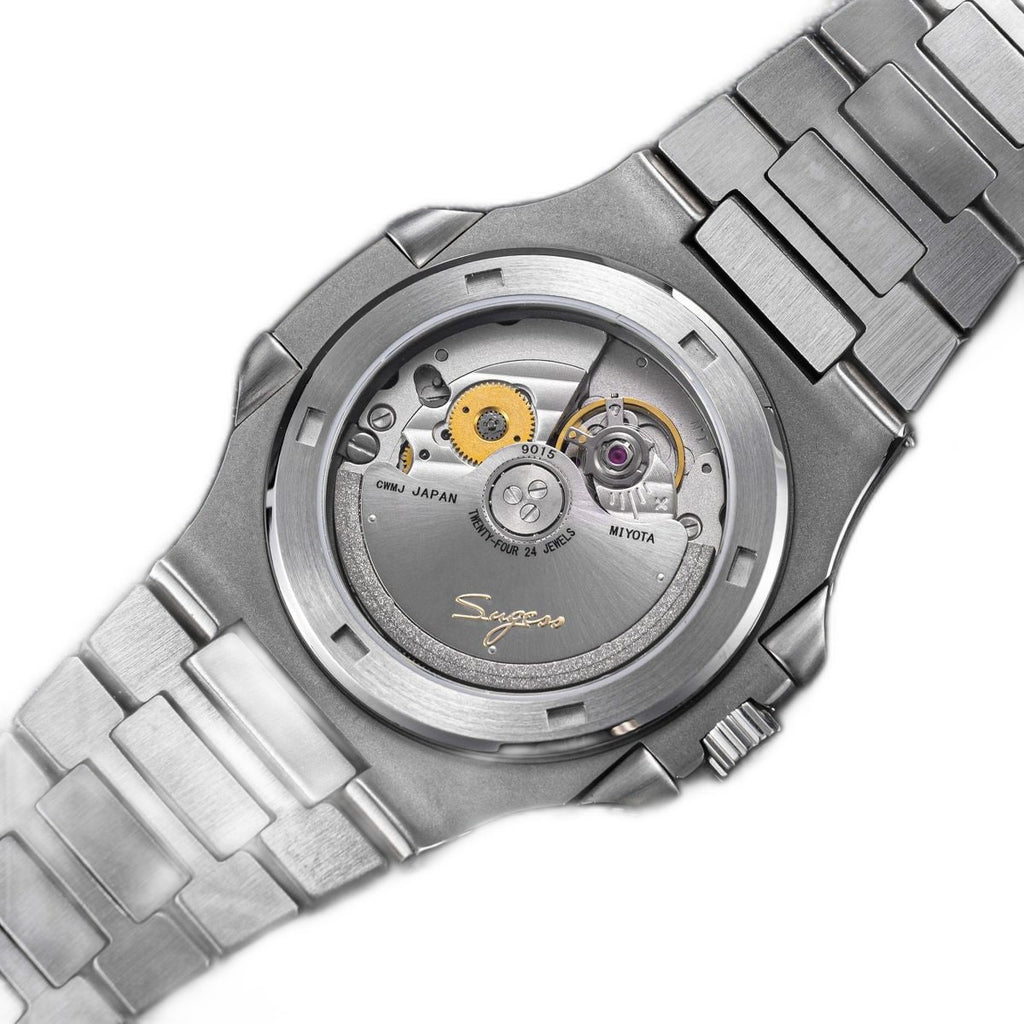 Sugess S466 exhibition caseback, Miyota 9015 automatic 24-jewel movement, integrated steel bracelet