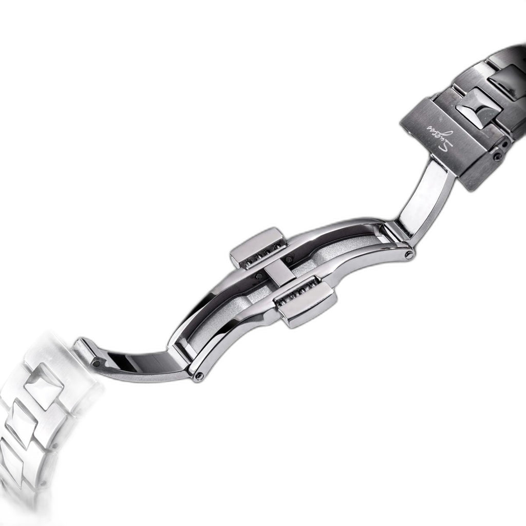 Sugess S466 integrated steel bracelet folding clasp, signed, close-up on black