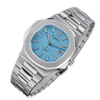 Sugess S466 ice blue dial sport watch, steel bracelet, front three-quarter view on black