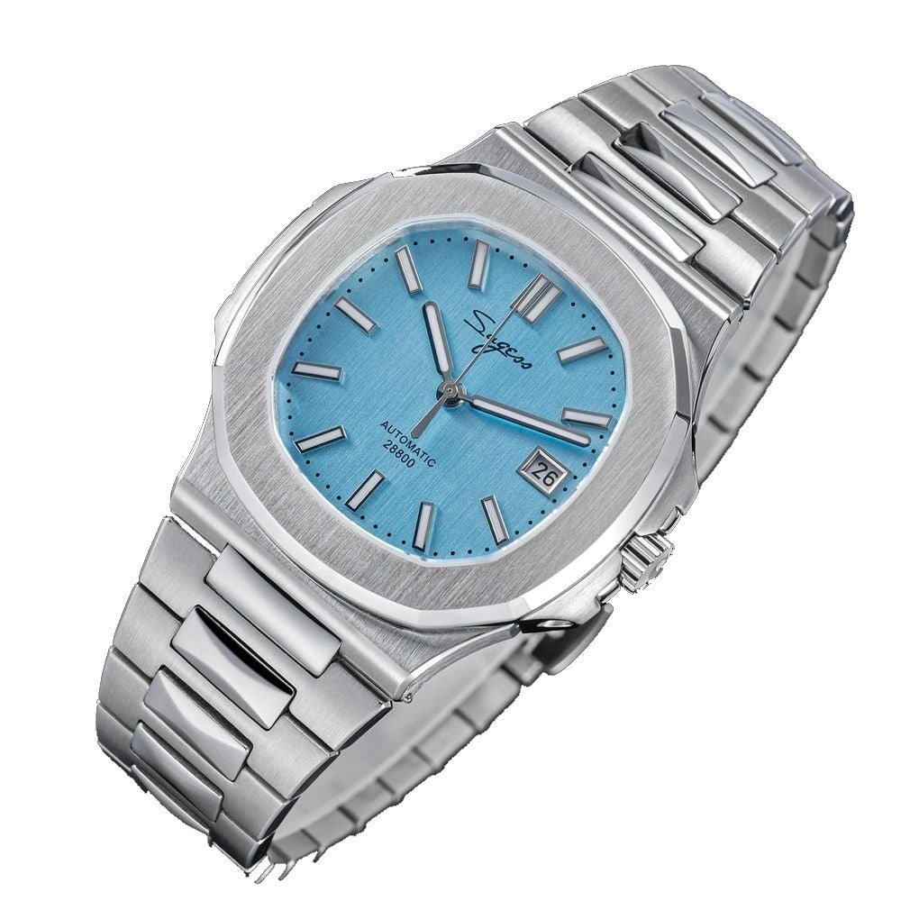 Sugess S466 ice blue dial sport watch, steel bracelet, front three-quarter view on black