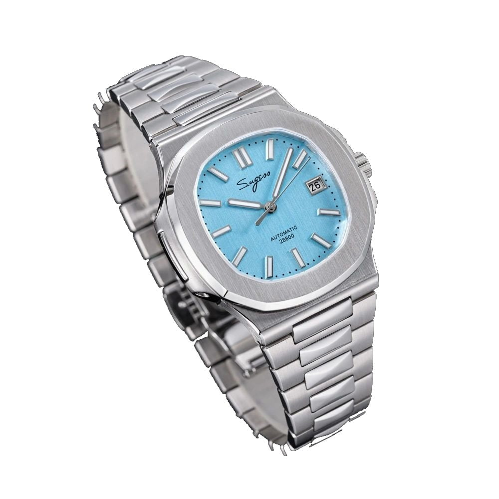 Sugess S466 ice blue dial sport watch, steel bracelet, three-quarter angled view on black