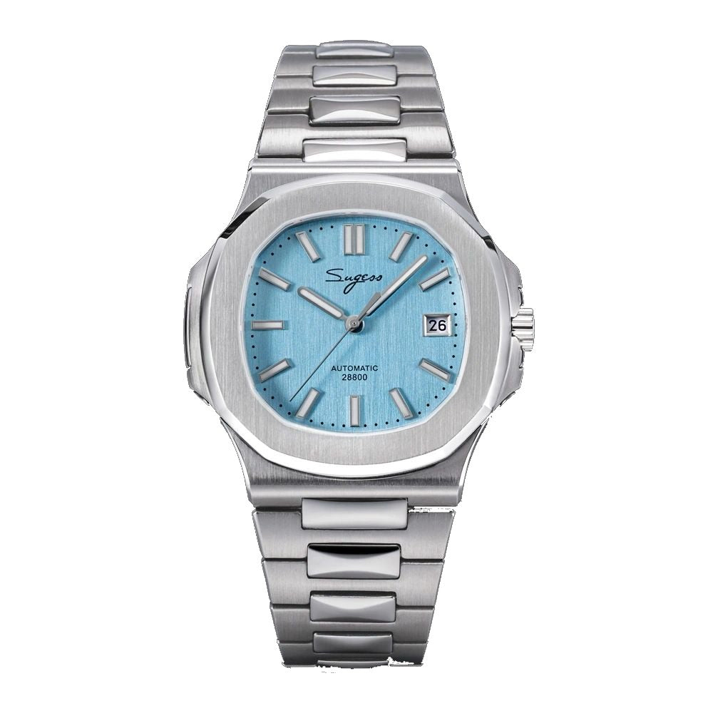 Sugess S466 automatic sport watch, ice blue dial, octagonal bezel, integrated steel bracelet, front view