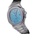 Sugess S466 ice blue dial sport watch side profile, S-engraved crown, steel bracelet, on black