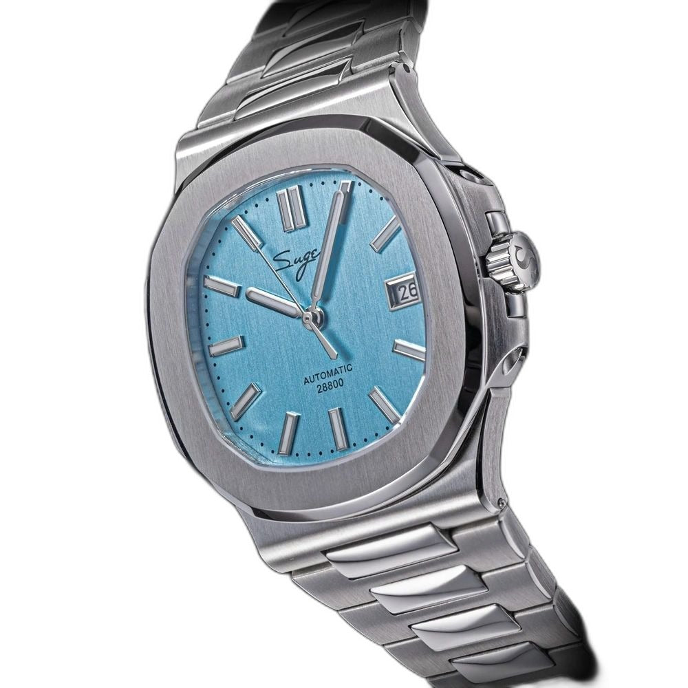 Sugess S466 ice blue dial sport watch side profile, S-engraved crown, steel bracelet, on black