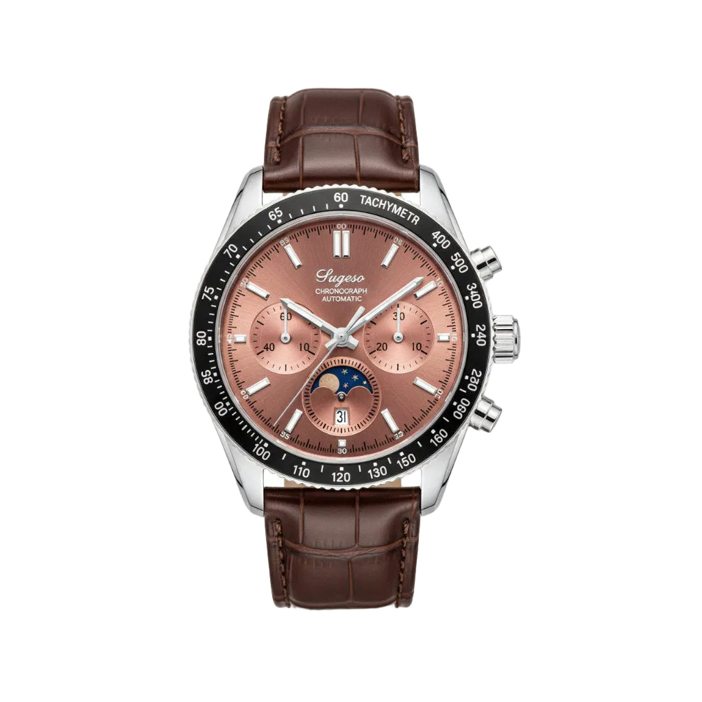 Sugess S468 vintage chronograph watch with salmon dial silver case and brown leather strap, front view
