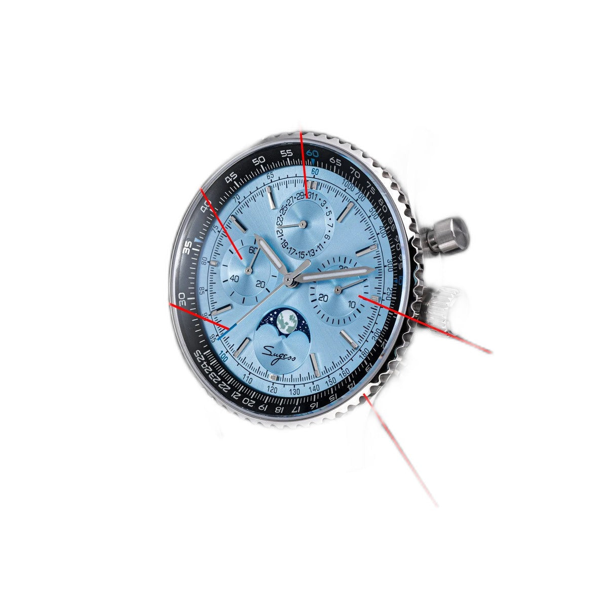 Sugess S468 vintage chronograph feature callouts on ice blue dial