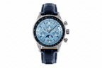 Sugess S468 vintage chronograph watch with ice blue dial and blue leather strap, front view
