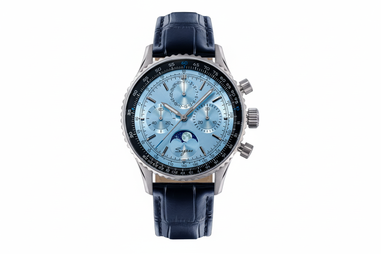 Sugess S468 vintage chronograph watch with ice blue dial and blue leather strap, front view