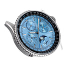 Sugess S468 vintage chronograph watch with ice blue dial and blue leather strap, side angle