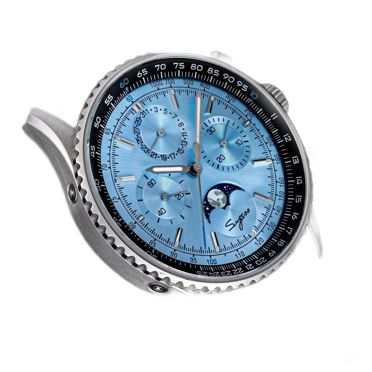 Sugess S468 vintage chronograph watch with ice blue dial and blue leather strap, side angle