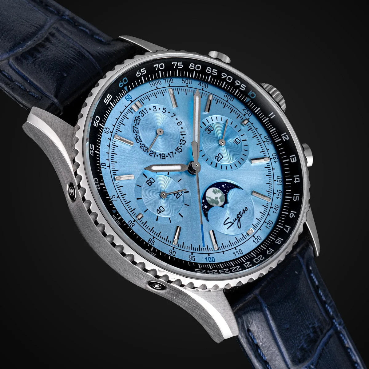 Sugess S468 vintage chronograph watch with ice blue dial and blue leather strap, side angle