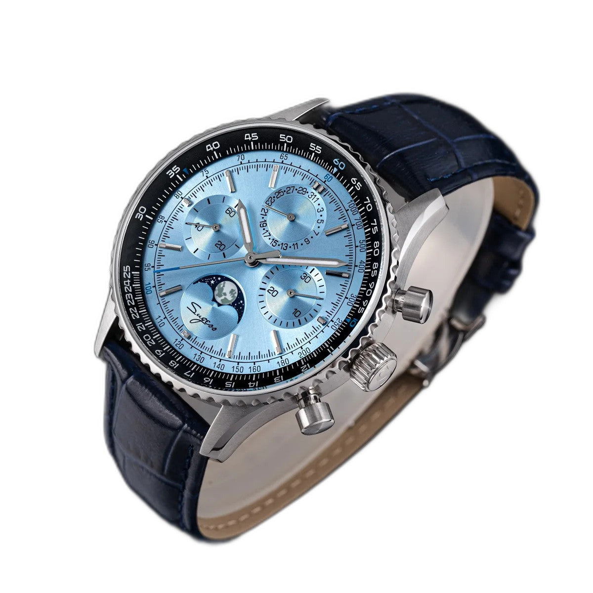 Sugess S468 chronograph specifications graphic with case dimensions and ice blue dial