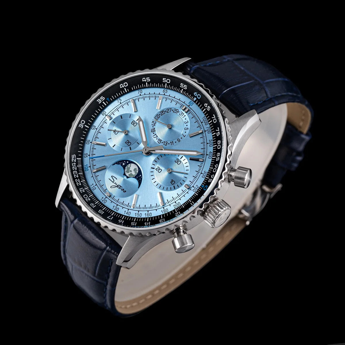 Sugess S468 chronograph specifications graphic with case dimensions and ice blue dial