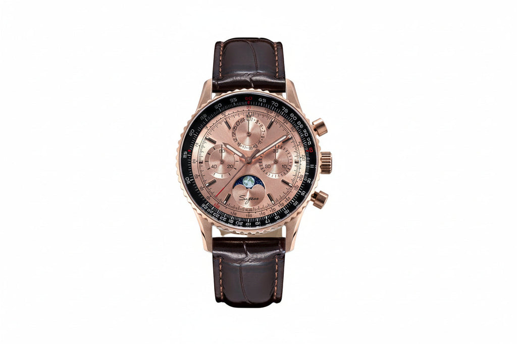 Sugess S468 vintage chronograph watch with black dial rose gold case and brown leather strap, front view