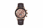 Sugess S468 vintage chronograph watch with black dial rose gold case and brown leather strap, front view