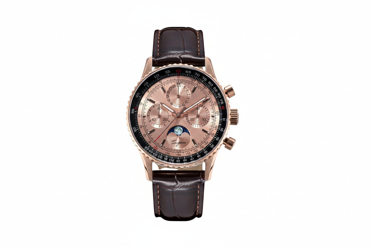 Sugess S468 vintage chronograph watch with black dial rose gold case and brown leather strap, front view