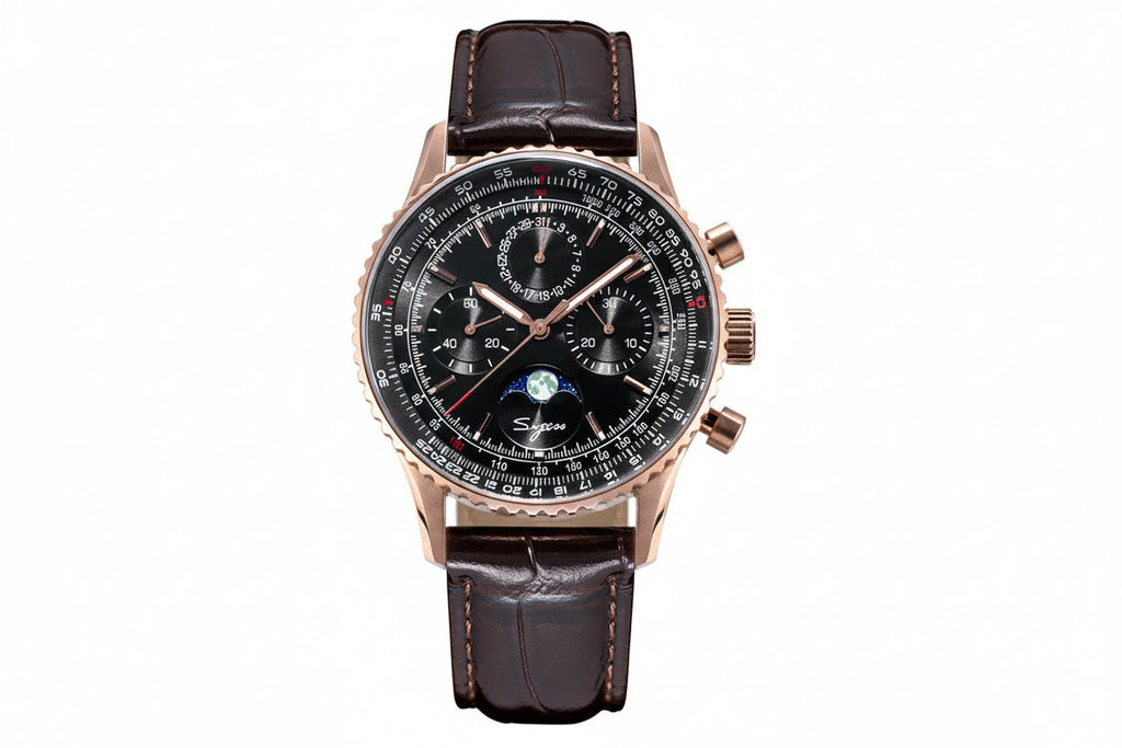 Sugess S468 vintage chronograph watch with black dial silver case and black leather strap, front view