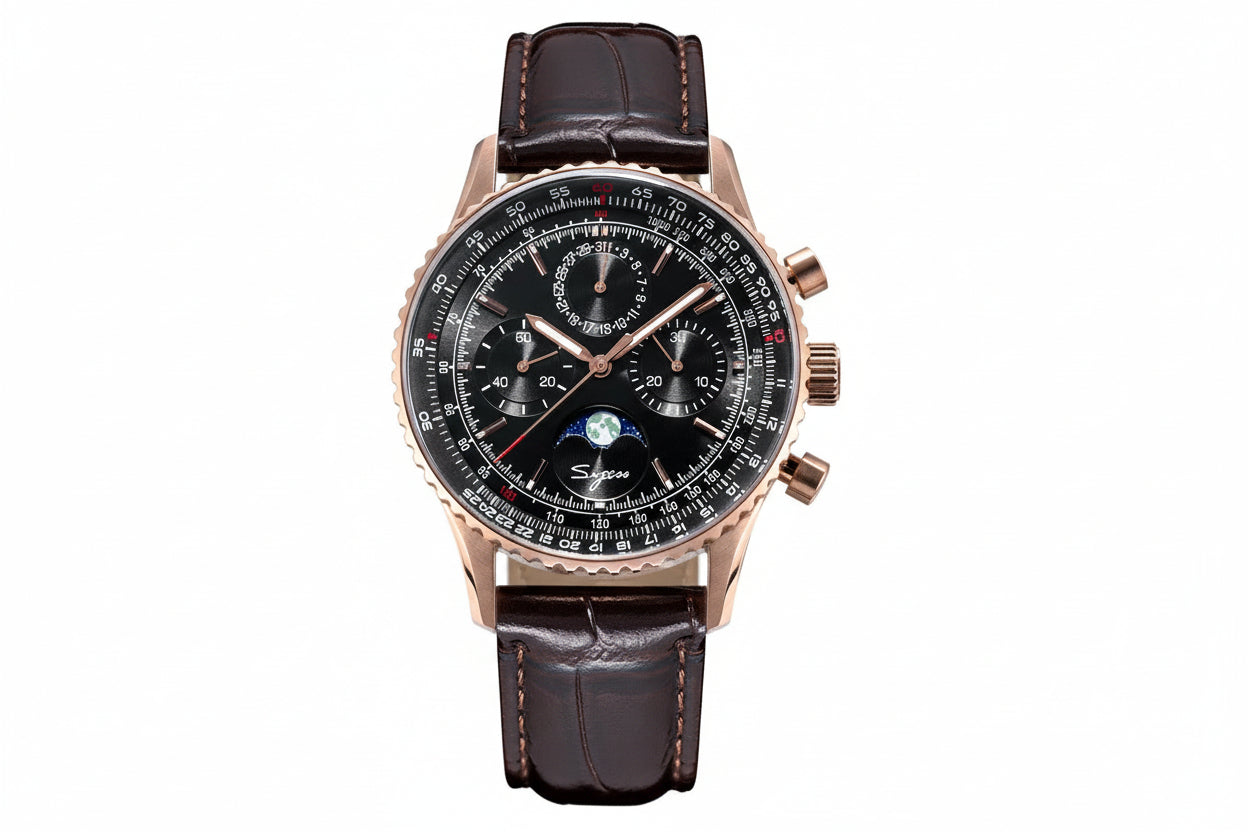 Sugess S468 vintage chronograph watch with black dial silver case and black leather strap, front view