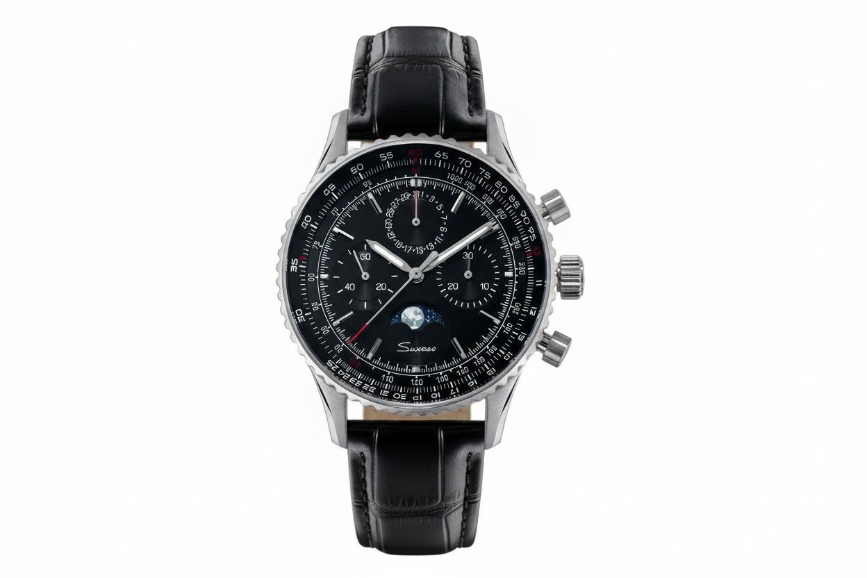 Sugess S468 vintage chronograph watch with salmon dial silver case and brown leather strap, front view