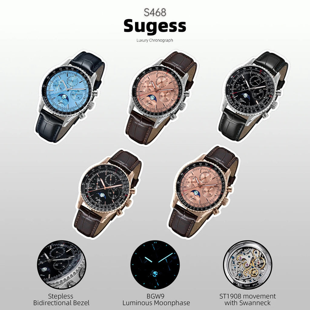 Sugess S468 vintage chronograph variants comparison with feature callouts