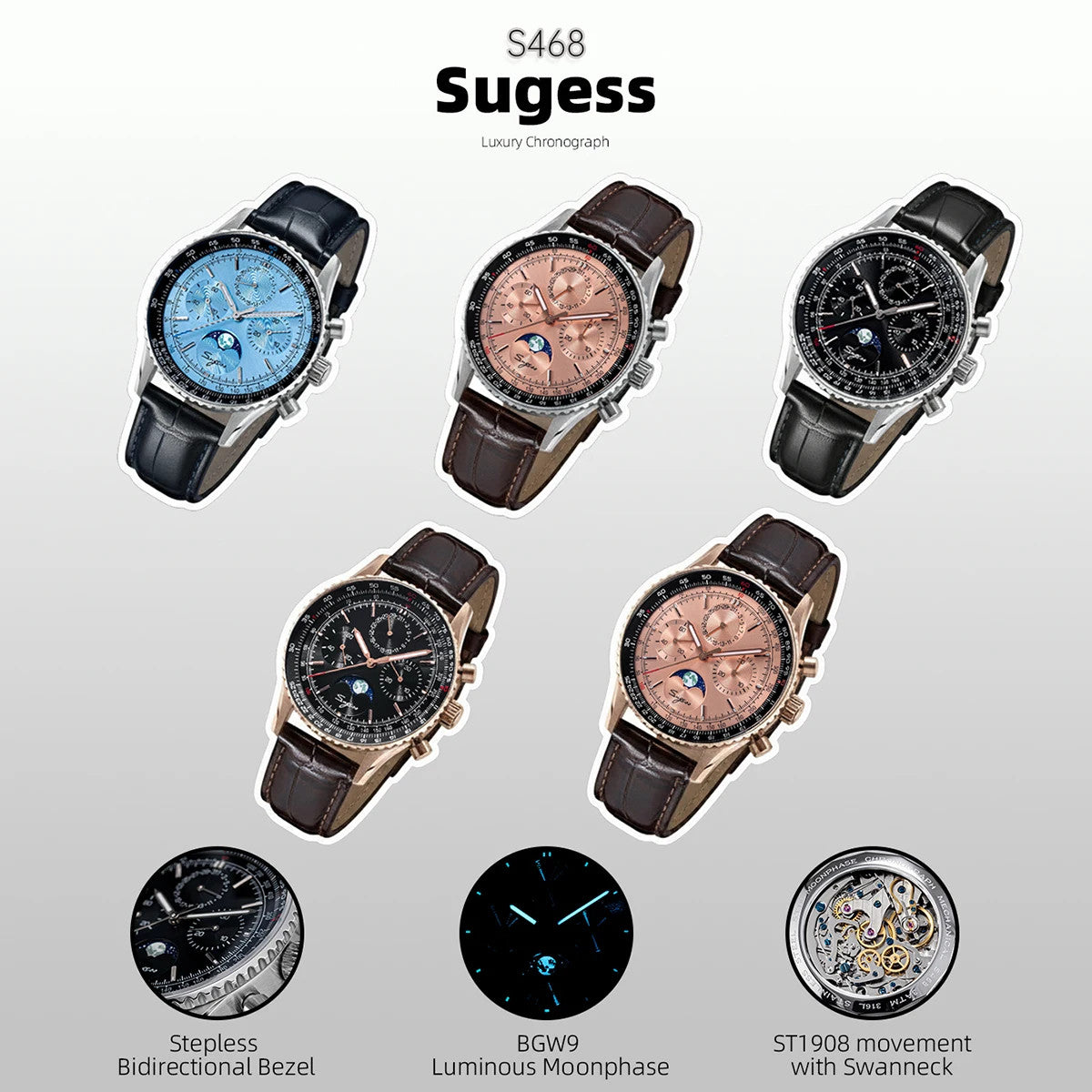 Sugess S468 vintage chronograph variants comparison with feature callouts