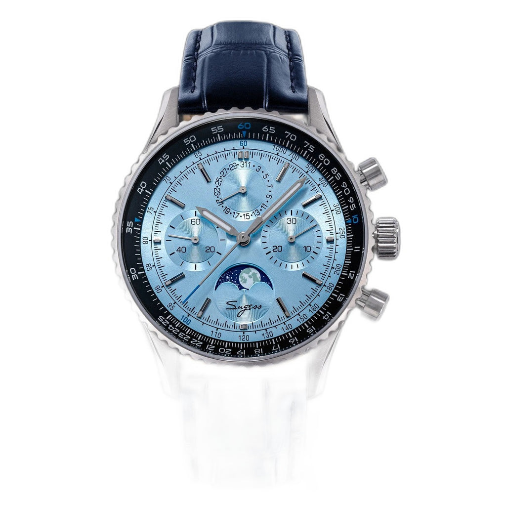 Sugess S468 vintage chronograph watch with ice blue dial and luminous moonphase feature callout