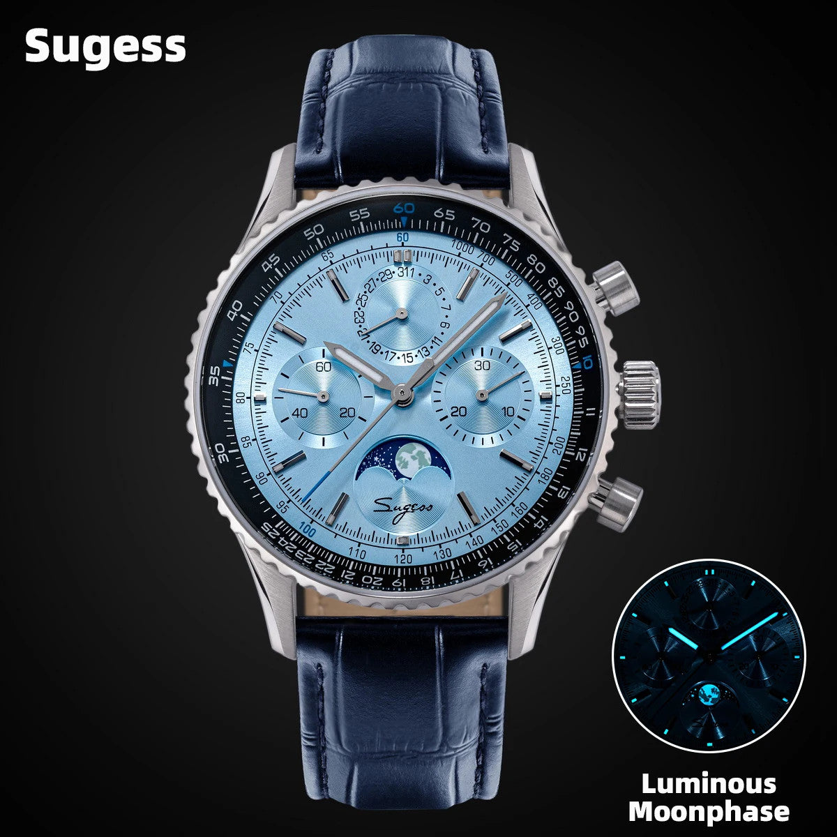 Sugess S468 vintage chronograph watch with ice blue dial and luminous moonphase feature callout