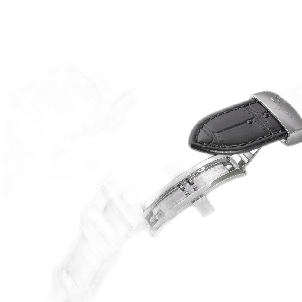 Sugess S468 signed folding deployant clasp on black croc-embossed leather, alternate close-up on black
