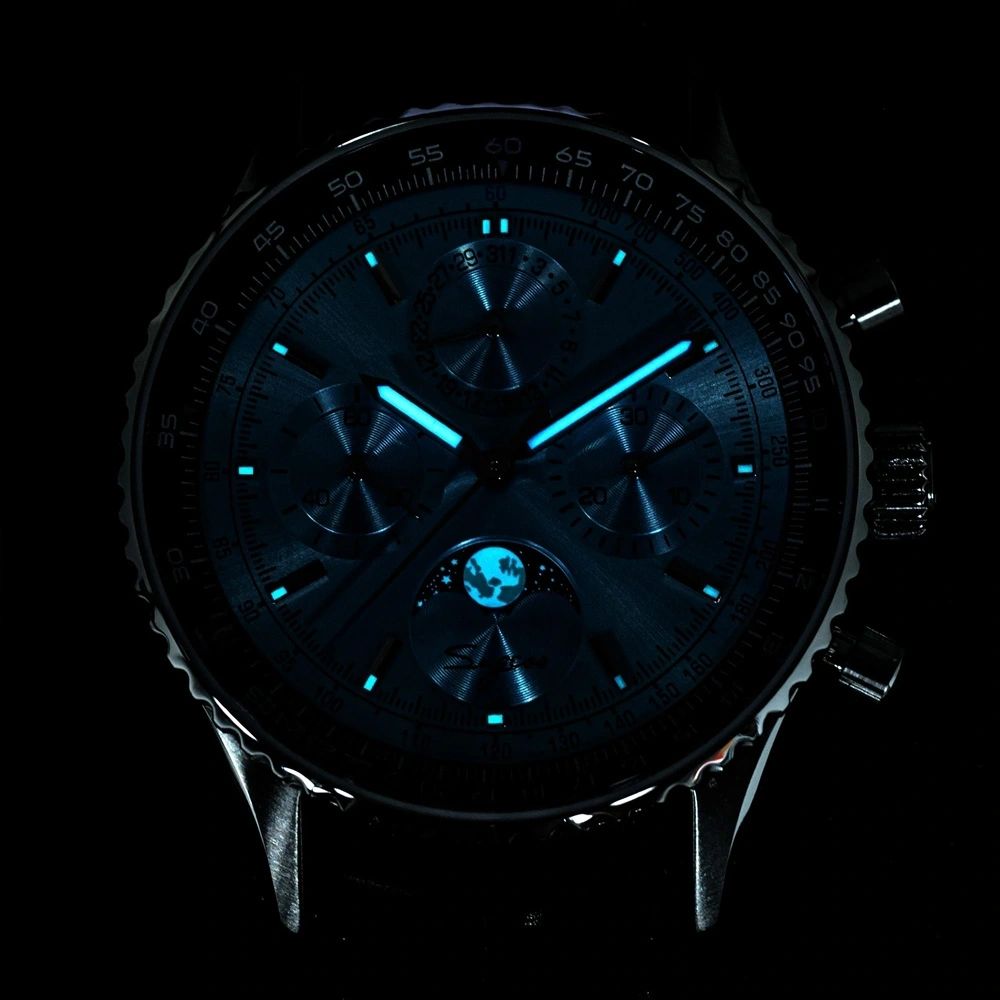 Sugess S468 moonphase chronograph dial glowing blue lume in the dark, markers, hands and moonphase disc aglow