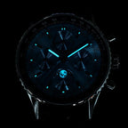 Sugess S468 moonphase chronograph dial glowing blue lume in the dark, markers, hands and moonphase disc aglow