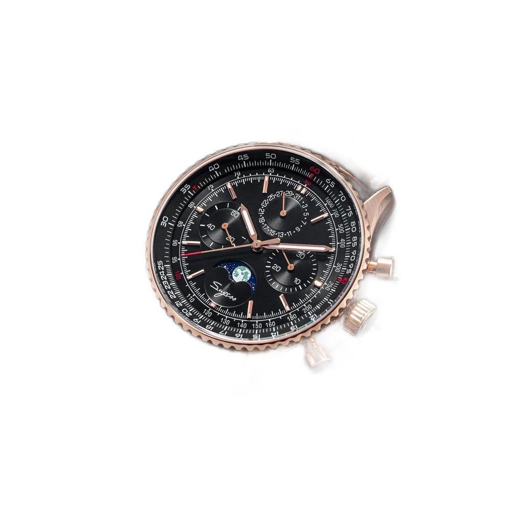 Sugess S468 moonphase chronograph, rose gold case, black dial, brown leather strap, angled flat-lay view on black