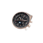 Sugess S468 moonphase chronograph, rose gold case, black dial, brown leather strap, angled flat-lay view on black