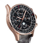 Sugess S468 moonphase chronograph, rose gold case, black dial, brown leather strap, three-quarter angle on black