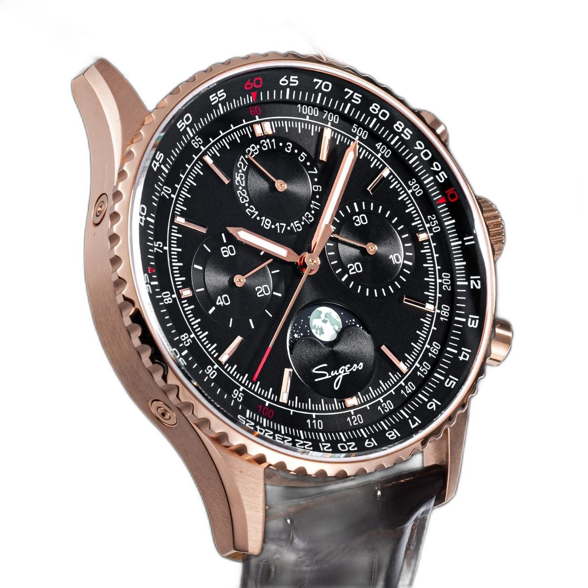 Sugess S468 moonphase chronograph, rose gold case, black dial, brown leather strap, three-quarter angle on black