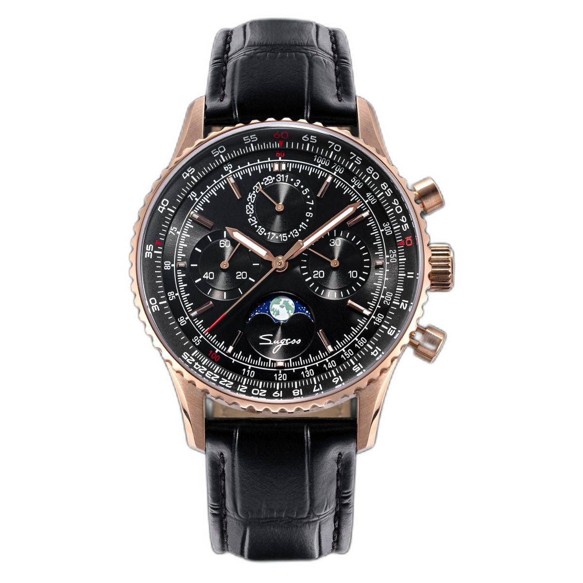 Sugess S468 moonphase chronograph, rose gold case, black dial, slide-rule bezel, black leather strap, front view