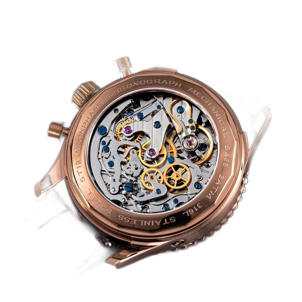 Sugess S468 rose gold exhibition caseback, ST19 hand-wound moonphase chronograph movement, brown leather strap