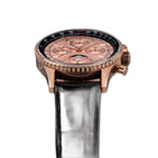 Sugess S468 moonphase chronograph, rose gold case, salmon dial, brown leather strap, front three-quarter on black