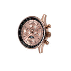 Sugess S468 moonphase chronograph, rose gold case, salmon dial, brown leather strap, styled on a rolled magazine