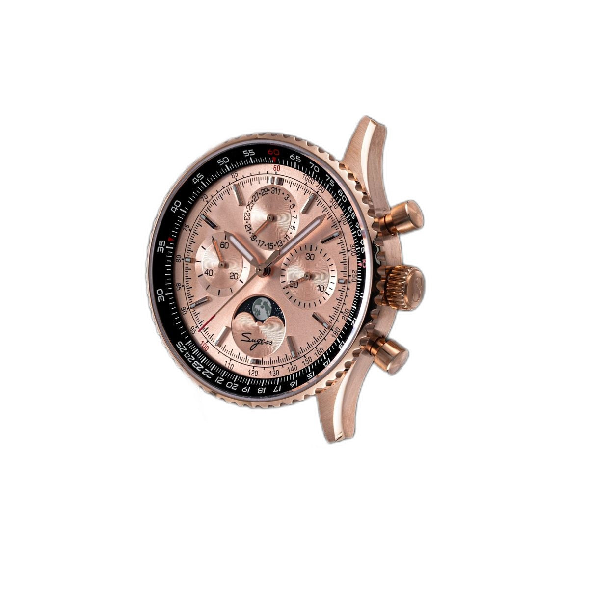 Sugess S468 moonphase chronograph, rose gold case, salmon dial, brown leather strap, styled on a rolled magazine