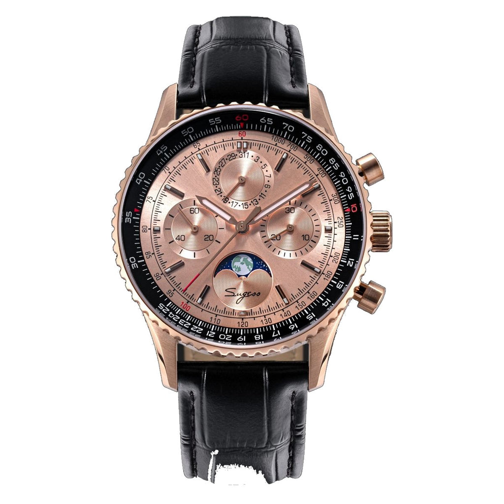 Sugess S468 moonphase chronograph, rose gold case, salmon dial, brown leather strap, dynamic three-quarter on black