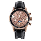 Sugess S468 moonphase chronograph, rose gold case, salmon dial, brown leather strap, dynamic three-quarter on black