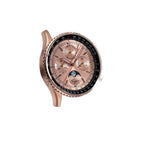 Sugess S468 moonphase chronograph, rose gold case, salmon dial, brown leather strap, tilted angled view on black