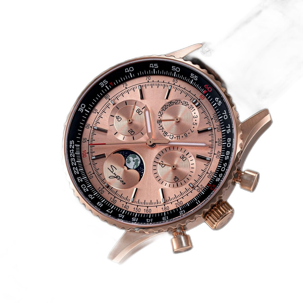 Sugess S468 moonphase chronograph, rose gold case, salmon dial, brown leather strap, low three-quarter angle on black