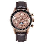 Sugess S468 moonphase chronograph, rose gold case, salmon dial, brown leather strap, three-quarter angle on black